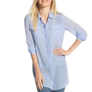 Chico’s Mixed fabric light blue semi sheer button up tunic top size large